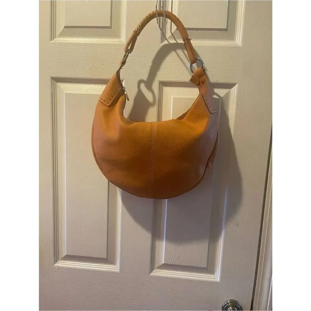 PRUNE Hobo leather Orange Medium Bag stitching accents silver tone hardwares .